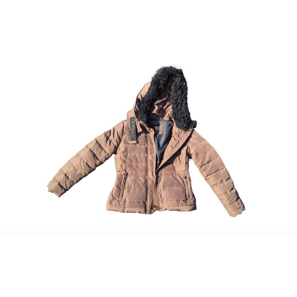 ZARA BASIC Faux Fur Down Feather Hooded Puffer Jacket Brown Quilted Winter Coat